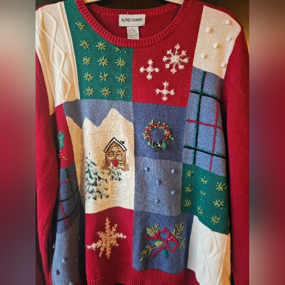 Alfred Dunner Women's Holiday Patchwork Sweater - Red, Blue, White - Picture 2 of 4